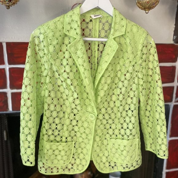 Chico's Jacket Lime Green Lace Cut Out Sheer Button Up 3/4 Sleeves - Picture 12 of 16